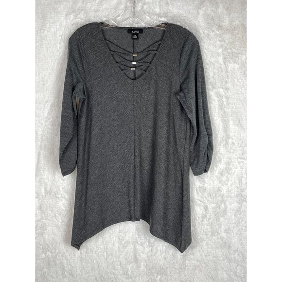 Alyx Medium Gray 3/4 Sleeve Sharkbite Top Criss Cross Neck - Picture 2 of 6